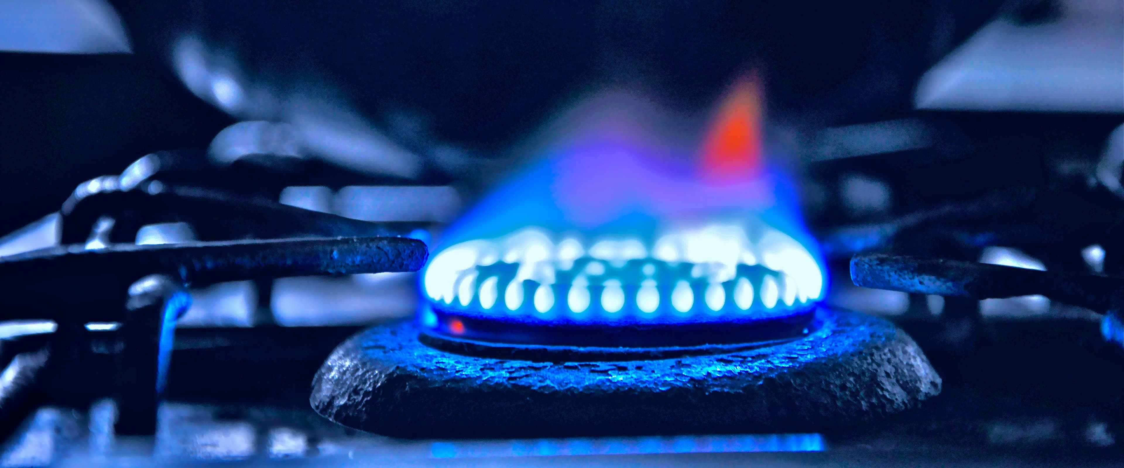 Blue gas flame burning on a kitchen hob.