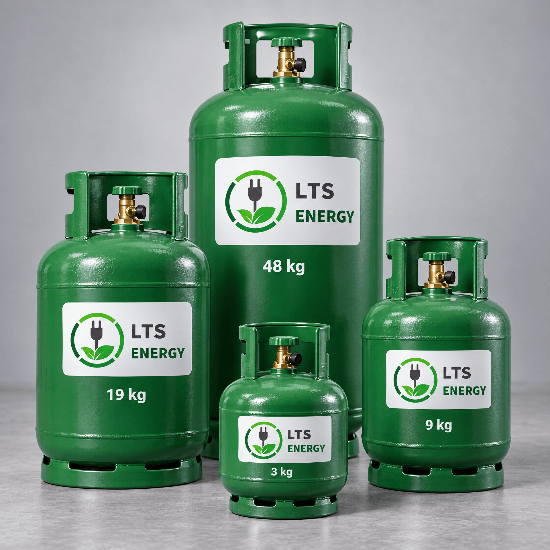 Four LTS Energy LPG cylinders in different sizes.