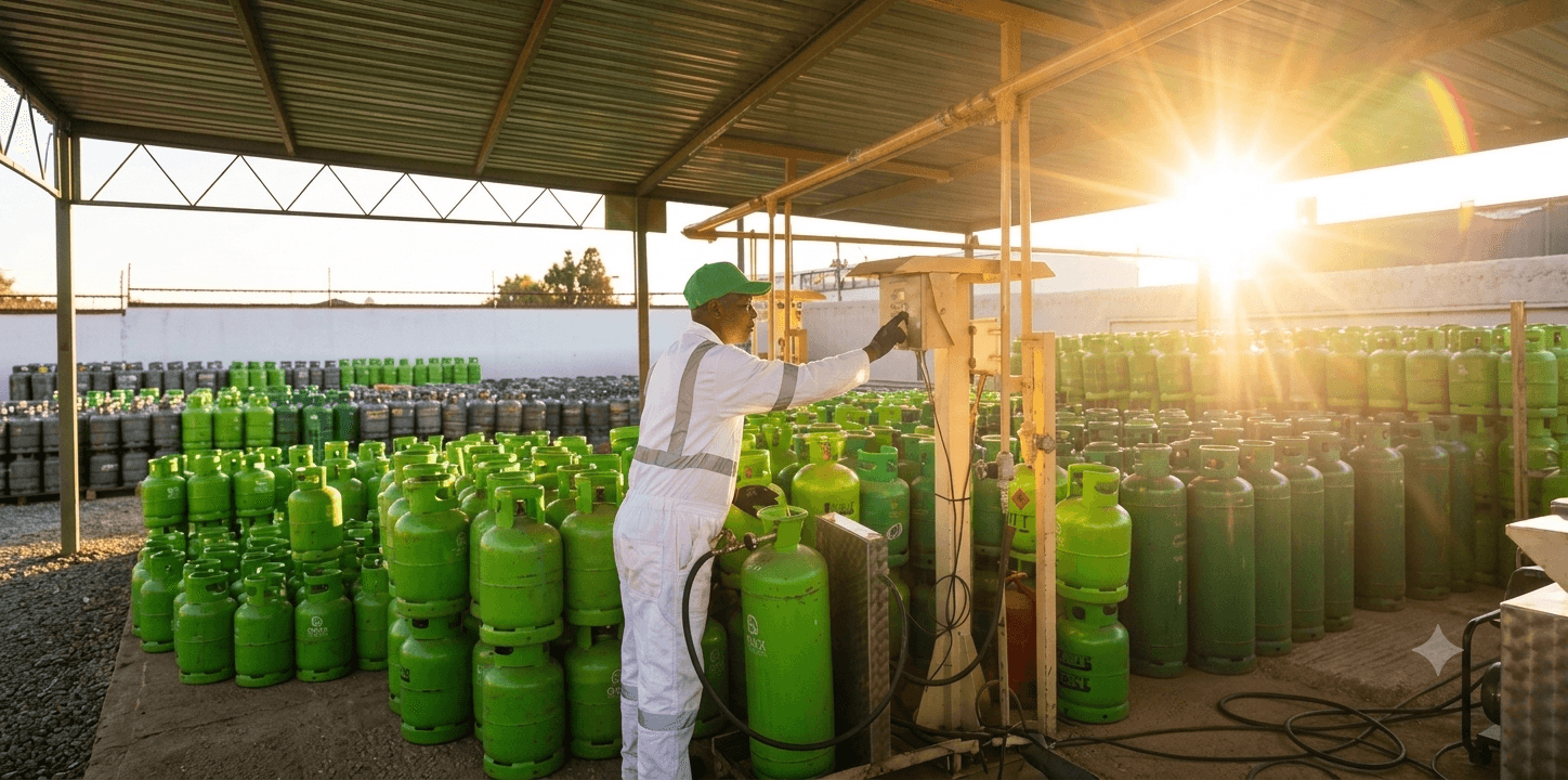Worker operating LPG cylinder filling equipment among gas cylinders
